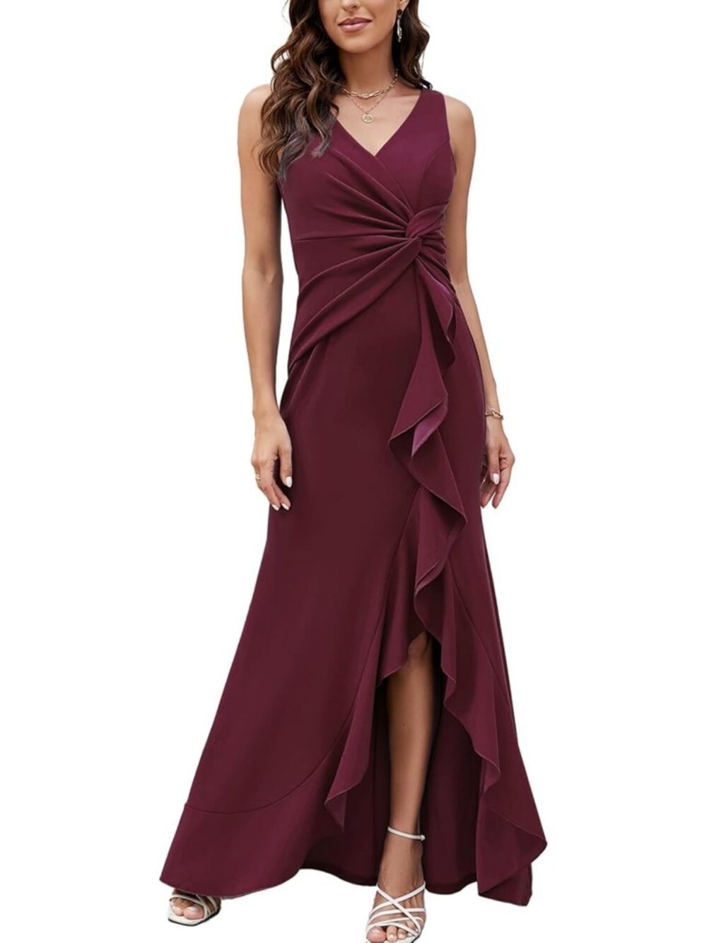 Burgundy High Slit V Neck Long Formal Evening Prom Party Gown Sz S-L